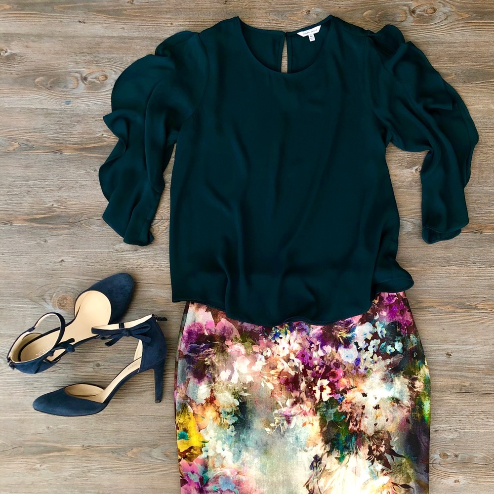 Dark green/teal ruffle sleeve blouse by NakedZebra